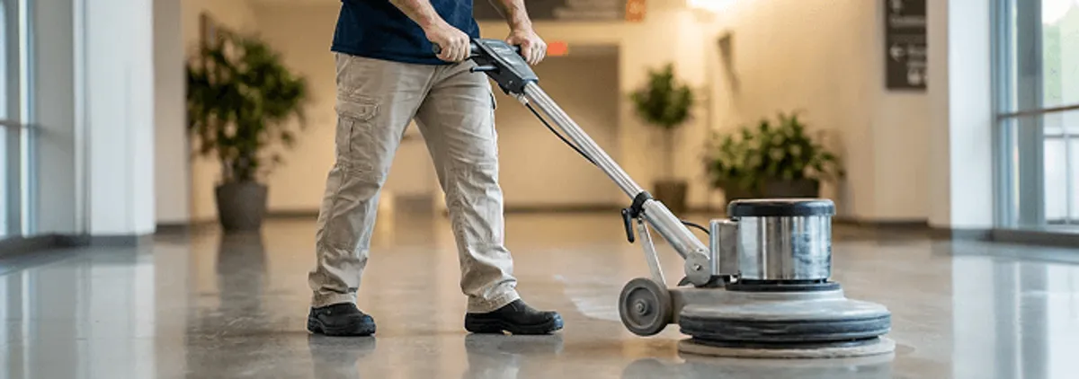Professional technician using an industrial floor buffer to polish and maintain shiny commercial flooring in a corporate hallway in Arlington, TX.