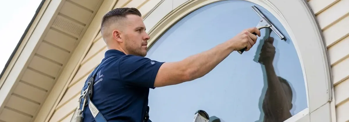 Professional window cleaner using a squeegee to clean an exterior arched window on a home, Arlington, TX.