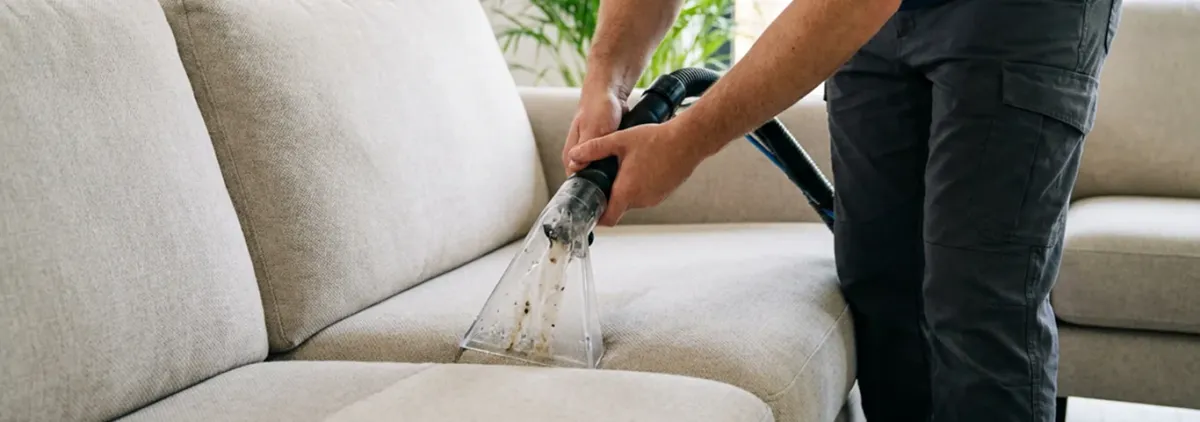 Technician extracting dirt and moisture from a fabric sofa with an upholstery cleaning wand, Arlington, TX.